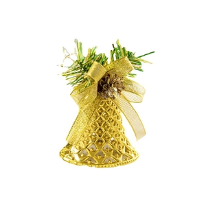 Golden hollow Christmas bell ornament with pine needles and mesh ribbon on white background