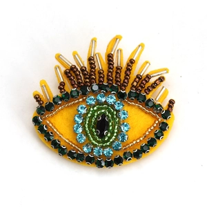 Handmade Evil Eye brooch with brown gold beads and sparkling crystal rhinestones