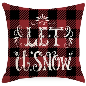 Red buffalo plaid Christmas pillowcase featuring Let it Snow white artistic lettering