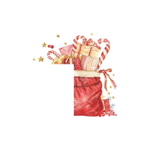 Sticker mural de Noël avec sac cadeau aquarelle, cannes de bonbon et étoiles dorées