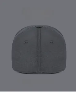 Detail view of dark grey baseball cap with SPORT embroidery and elastic closed back