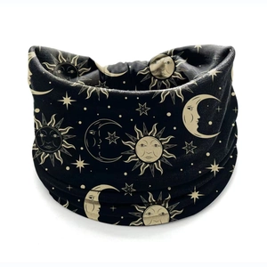 Bohemian elastic wide headband with gold sun moon and star print on black soft fabric