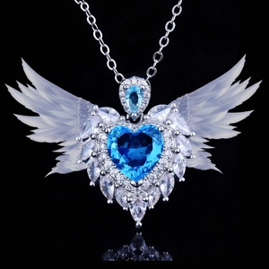 Heart Pendant Necklace Angel Wings Copper Zirconia Simulated Aquamarine Pink Gemstone Women Romantic