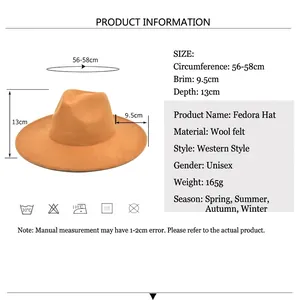 Orange wool jazz hat with 9.5cm wide brim and detailed sizing chart for men and women