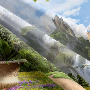 Detaillierte Stoffstruktur des Fantasy-Wandteppichs mit Bergen und Wasserfällen