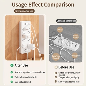White wall-mounted power strip with 4 USB ports shown in a tidy home organization scene