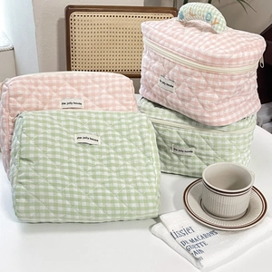 Cute pink and green checkered quilted cotton cosmetic bags with Melody embroidery detail