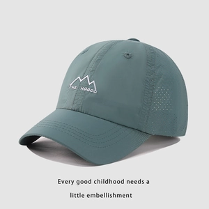 Detail of laser-cut side vents and embroidered mountain logo on quick-dry kids cap