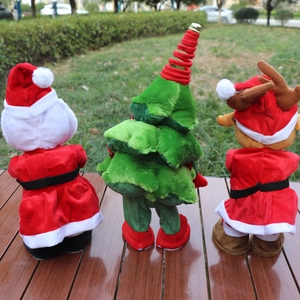 Singing and dancing plush Christmas toys featuring Santa, tree and elk with mechanical base