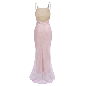 Robe longue à paillettes roses dos nu avec bretelles chaîne et ourlet sirène pour femmes