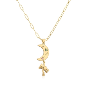 Gold plated crescent moon and teddy bear pendant necklace with LOVE engraving and colorful gems