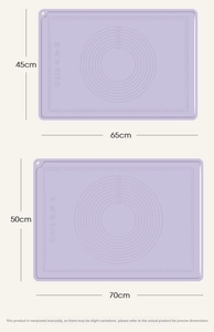 Size comparison chart for silicone baking mats with dual metric and circular scales
