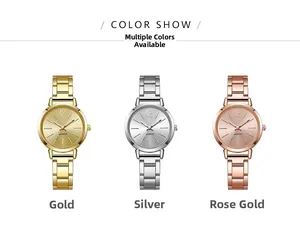 Three elegant quartz watches in gold, silver, and rose gold with metal link bands