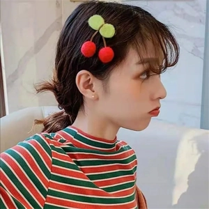 Cute cherry hair clip featuring red plush balls and green felt leaves for girls