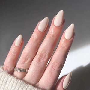 Press On Nails Short Almond Shape Nude Solid Color Glossy Finish ABS Fake Nails Set For Women