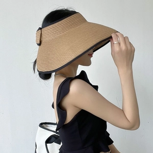 Detail of wide brim straw sun hat with black ribbon bow and woven texture detail
