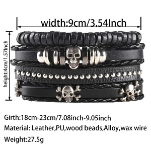 Detail view of woven leather bracelet with skull beads and adjustable size specs