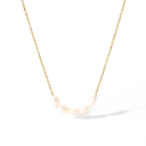 Detail of five baroque pearls on a fine gold-plated stainless steel chain necklace
