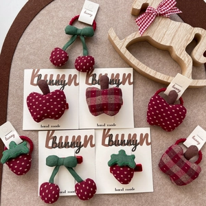 Handmade fruit fabric hair clips and ties with red polka dots and plaid patterns