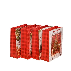 Christmas gift bags set with red plaid and tree patterns for holiday packaging