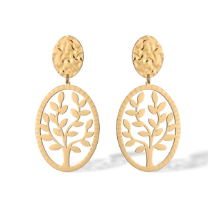 Gold plated stainless steel drop earrings with tree of life hollow pendant on white background