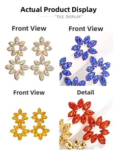 Detail view of oversized sparkling rhinestone flower earrings in four vibrant colors
