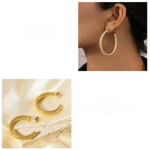 Macro detail of gold plated twisted rope hoop earrings with secure pin closure