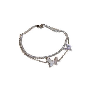 Elegant silver double-layer bracelet featuring zircon butterfly charms and crystal chain