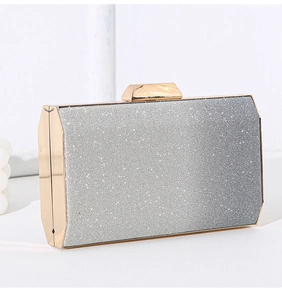 Detail of silver glitter evening bag with geometric octagon cut and gold metal frame