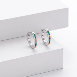 Detailed macro view of S925 silver hoop earrings featuring multi-color zircon inlay