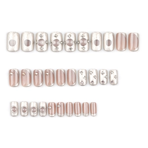30pcs press-on nails featuring silver metallic, pink cat-eye effect and rhinestone accents