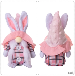 Front and back view of Easter gnome plush with pink rabbit ears and black checkered fabric