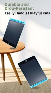Dettaglio del tablet da scrittura LCD da 8,5 pollici con cornice blu e penna per bambini