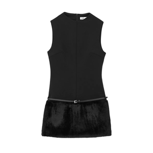 Sleeveless Dress Black Faux Fur Patchwork Round Neck High Waist With Leather Belt Elegant Mini Party For Women