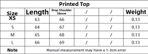 Detailed size chart for printed V-neck slim top showing XS to L measurements