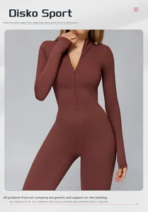 Detail of dark brown thermal yoga jumpsuit with half-zip and elastic compression fabric
