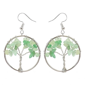 Detailed close-up of handmade Tree of Life earrings with green natural crystal stones
