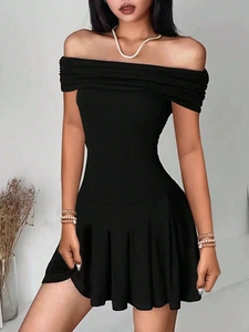 Women Sexy Off The Shoulder Dress Slim Fit High Waist Pleated Mini Dress Solid Black Knitted Short Sleeve Sundress