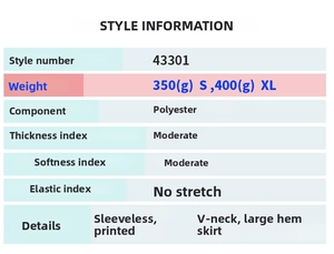 Size and material specification chart for the sleeveless V-neck floral midi dress