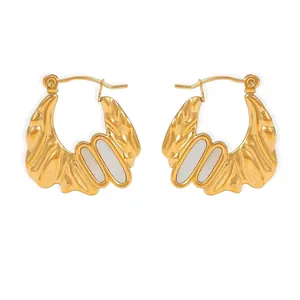 Irregular Texture Stainless Steel Earrings 18K Gold Plated White Mother Of Pearl Inlay Chic Vintage Hoop Earrings For Women
