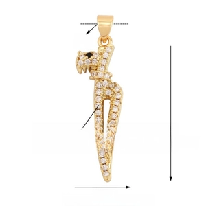 Detailed view of a gold sword pendant with micro-pave zircons and 25x8mm size markings
