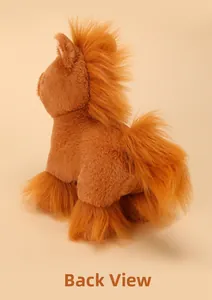 Rear view of brown plush pony toy showing thick mane and long faux fur texture