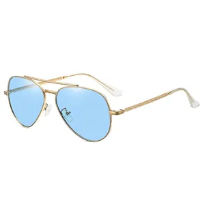 Classic aviator sunglasses with gold metal frame and polarized light blue lenses for men