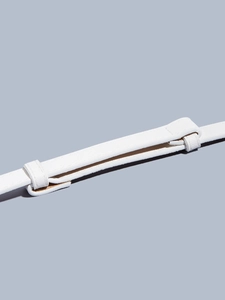 Detail of white Saffiano leather waist belt with fine stitching on a neutral background