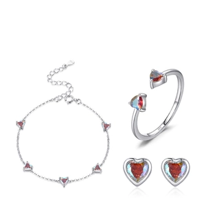 Set gioielli in argento 925 con anello, bracciale e orecchini a cuore di zircone arcobaleno