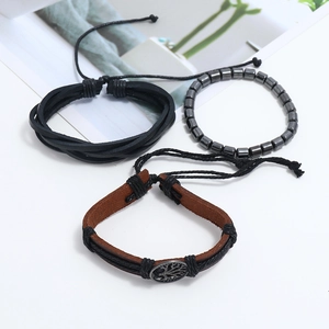 Three-piece men's bracelet set with braided leather, tree of life charm, and magnetic beads