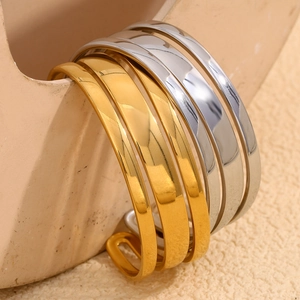 Bracelet Jonc Ouvert Double Couche Minimaliste Acier Inoxydable Plaqué Or 18K Design Creux Géométrique Pour Femmes