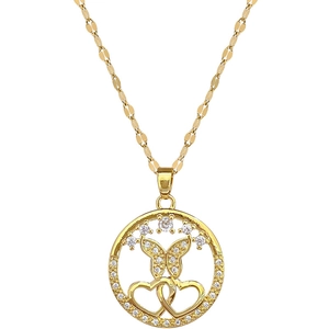 Elegant gold titanium steel necklace featuring a crystal butterfly and heart circle pendant
