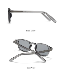 Detalles laterales y traseros de las gafas de sol con montura gris transparente de moda