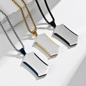Three men's brushed stainless steel geometric pendants on square bead chains in multiple colors